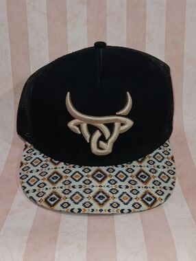 Lost Calf Black Trucker Hat with Cream Embroidered Horn Logo and Patterned Brim